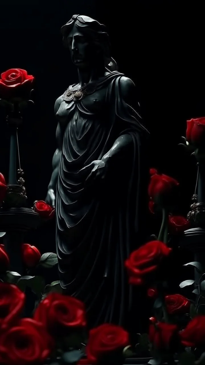 The statue of justice is filled with blood, carrying a scale full of red roses, and poppy flowers grow from underneath it and climb the statue. Dark garden background cinematic.