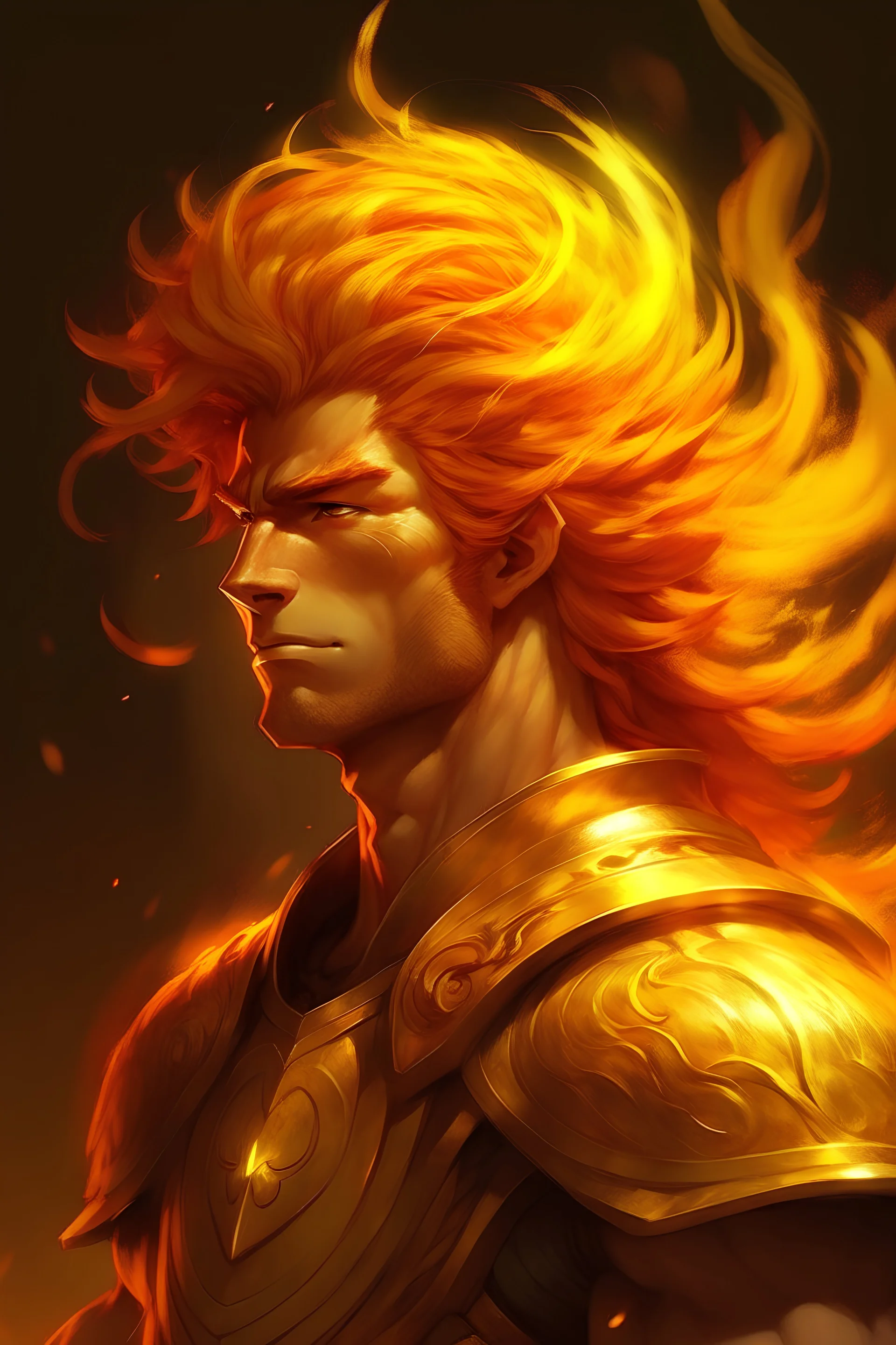 His hair is golden and looks like it's blazing fire. He had a majestic appearance like a Roman emperor. He had broad shoulders and strong muscles.