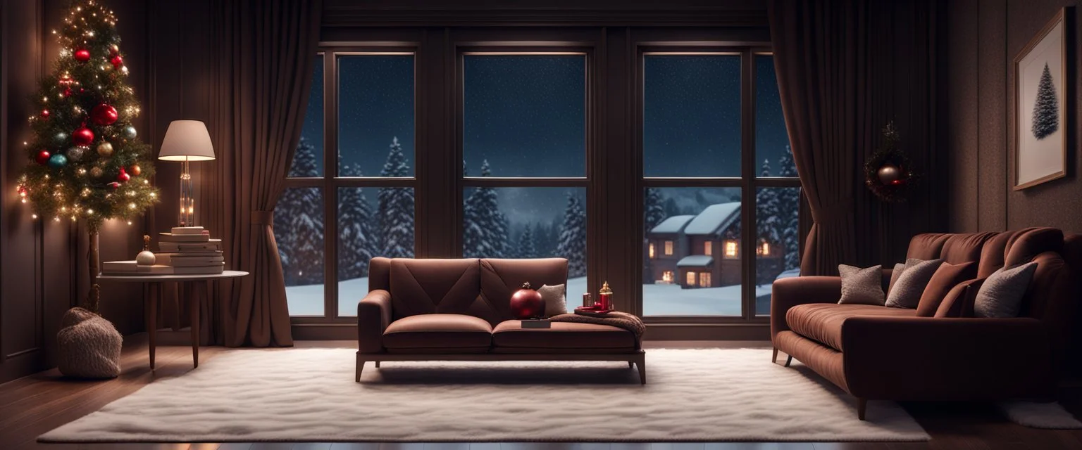 Hyper Realistic Dark Brown Living Room With Small Empty Wooden Frame & Fancy Velvet Furniture & Christmas Decoration at snowfall night from window view