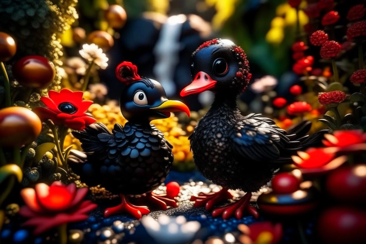 red and black chicken and small chibi duck in a flowergarden with beautiful flowers, pond, in sunshine, H.R. Giger, anime, steampunk, sürreal, watercolor and black in outlines, golden glitter, ethereal, cinematic postprocessing, bokeh, dof