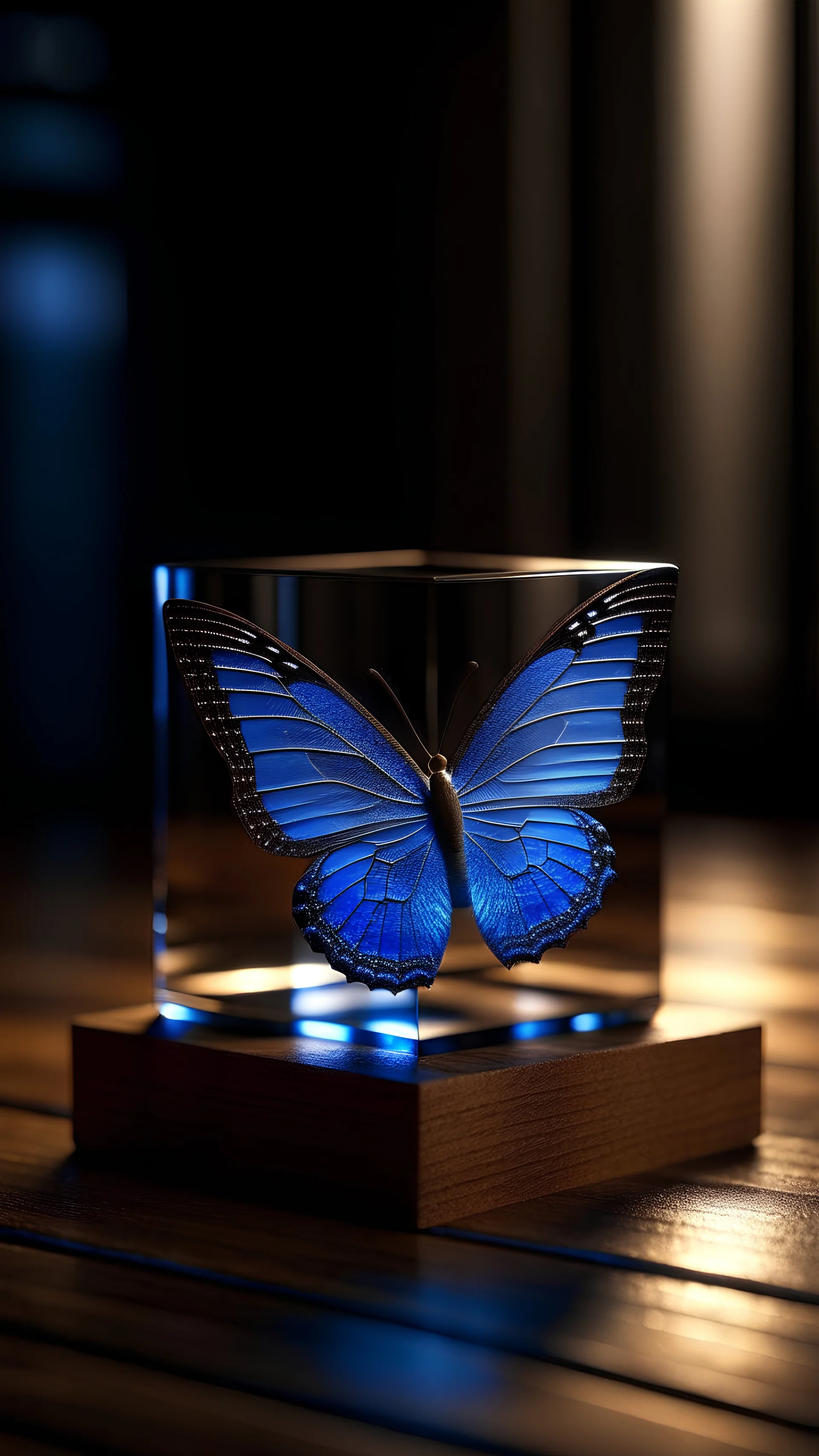 A stunning macro photograph of a butterfly delicately perched on the top of a Wood cube. The butterfly's translucent wings, adorned with blue flashes, catch the light and emit a mesmerizing glow. The exquisite filigree details on the cup are highlighted by the ultra-clear contours, showcasing the intricate design. This hyperrealistic scene has been expertly captured using high-octane rendering and advanced camera settings, such as 9D, ISO 1600,