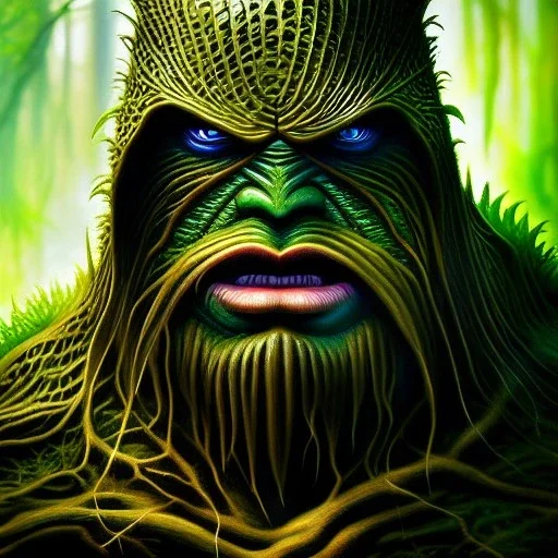 ultra detailed fullbody portrait of SWAMP THING, extremely detailed digital painting, intrincate, extremely detailed face,crystal clear Big eyes, in the style of clyde caldwell, mystical colors , perfectly centered image, perfect composition, rim light, beautiful lighting, 8k, stunning scene, raytracing