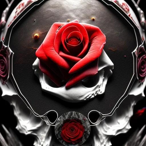 Crack Skull and red rose, marble texture, dark, fantasy art, shallow depth of field, macro lens, unreal engine 5, hyper detailed,8k, HDR, hyperphotorealistic, bone, set in fire