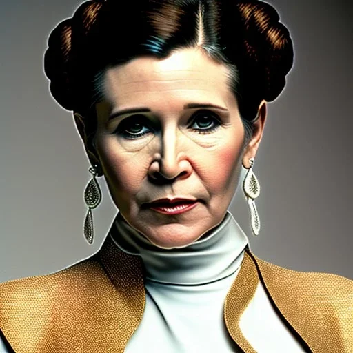 half-length color photo shoot, three-quarter face pose of carrie fisher as Princess Leia with realistic fine and very simple short hair, entrancing deep brown eyes, Intricate, High Detail, Sharp focus, realism, beautiful and detailed lighting, Nikon D850, ef 85mm 5.6 by Annie Leibovitz