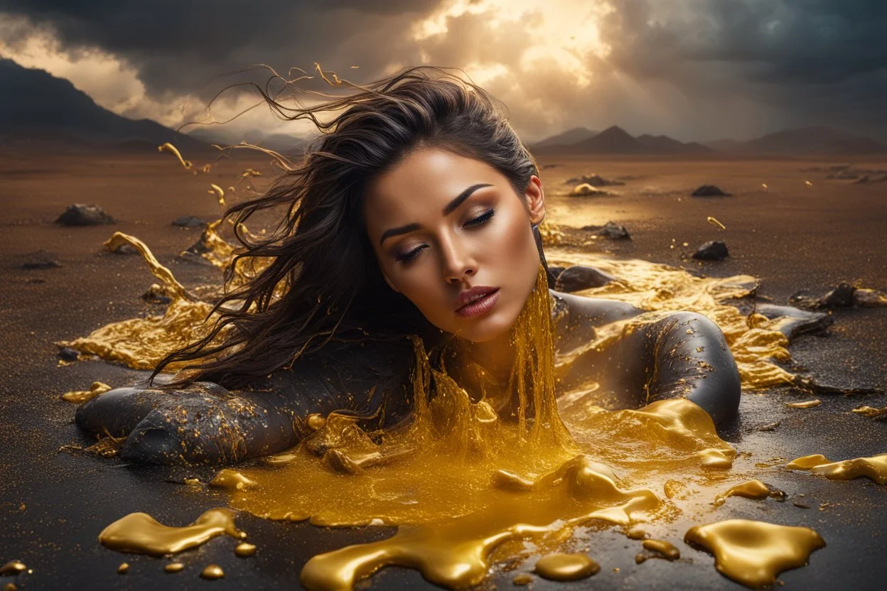 A hyper-realistic photo, beautiful face woman lying on ground disintegrating into gold dripping ink and slime::1 ink dropping in water, molten lava, full body , 4 hyperrealism, intricate and ultra-realistic details, cinematic dramatic light, cinematic film,Otherworldly dramatic stormy sky and empty desert in the background 64K, hyperrealistic, vivid colors, , 4K ultra detail, , real photo, Realistic Elements, Captured In Infinite Ultra-High-Definition Image Quality And Rendering, Hyperrealism,