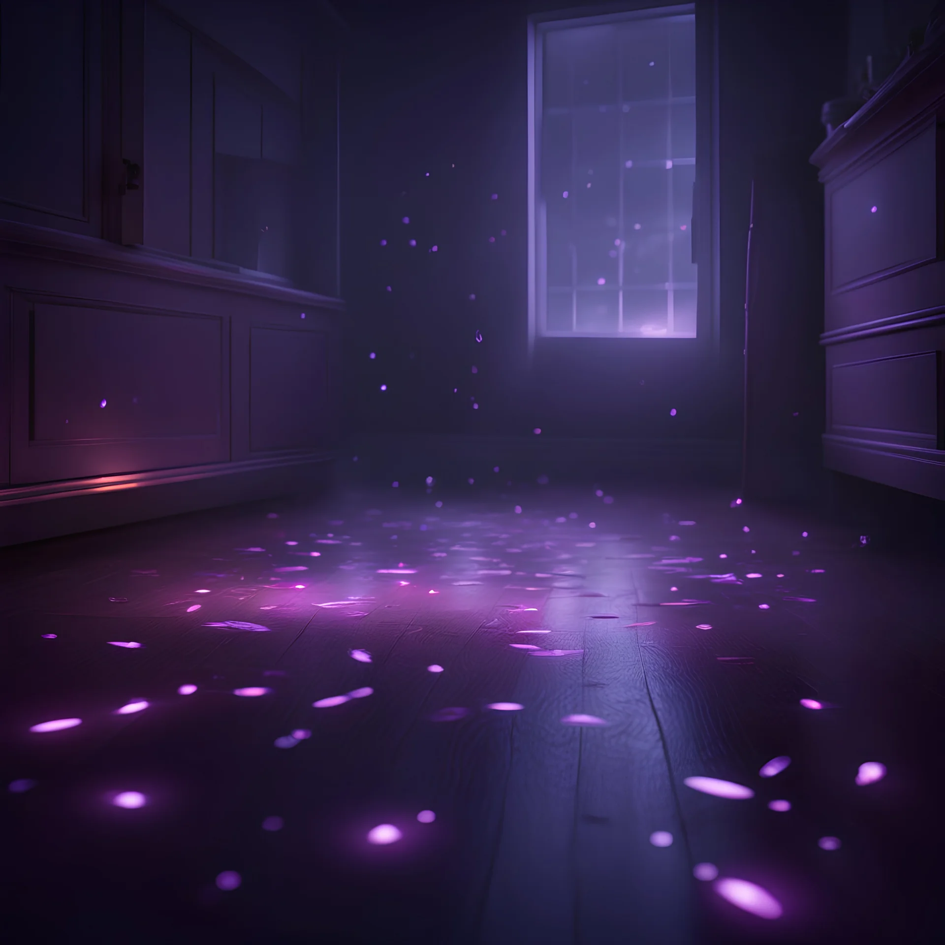 Hyper Realistic glowing-fireflies with purple neon patterns on the floor in a dark foggy room