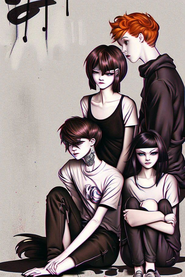 Act like a book cover designer. Use graffiti style. Three teenagers (13-15 years old) with a grimy black cat. Two boys- redhead, chubby, low, skinny, high, neutral emotion. The girl with black hair, strong make up, punk style clothes. In background white minivan with the driver in t-shirt and with mostauche. Enviroment: old town.