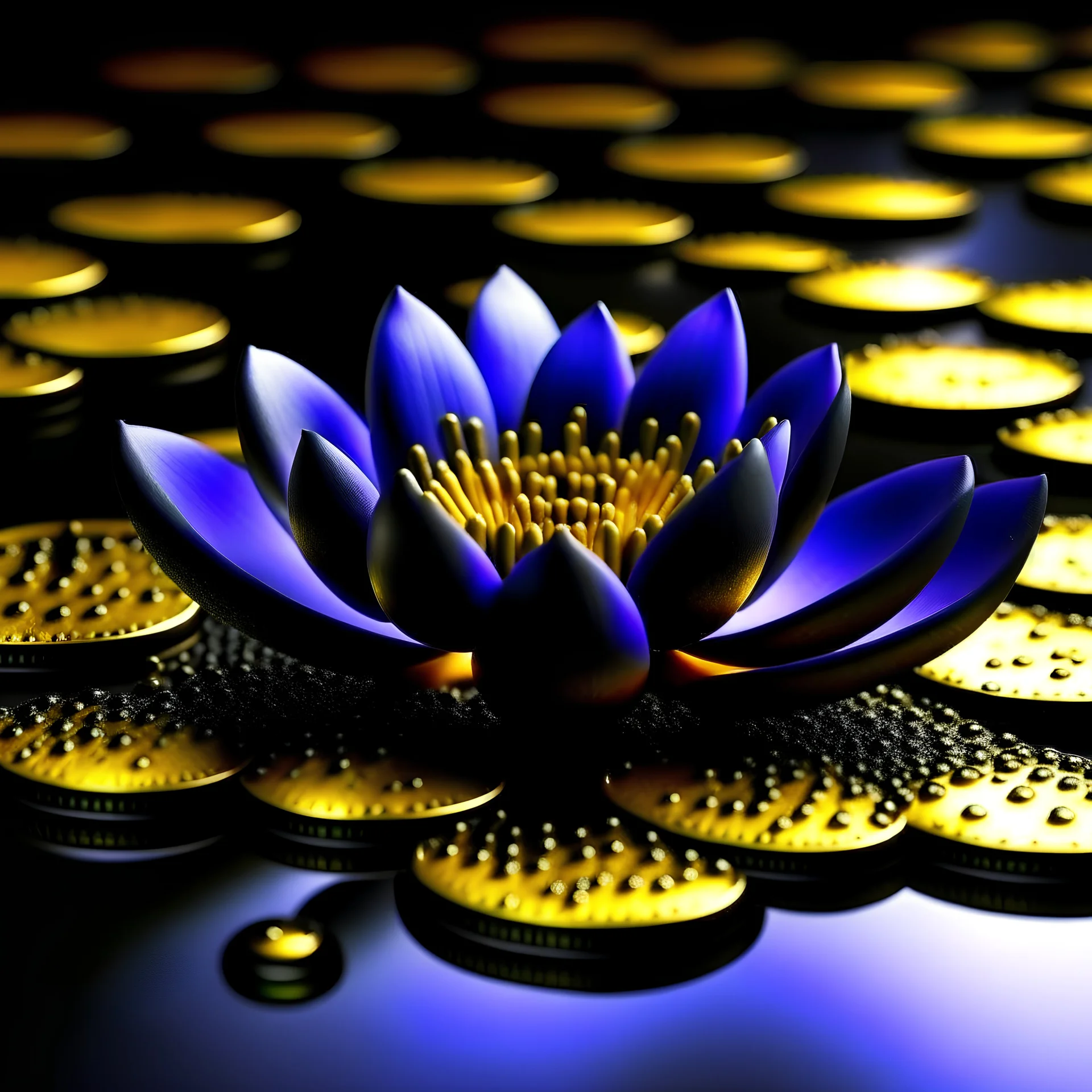black lotus with gold drops on petals on purple water