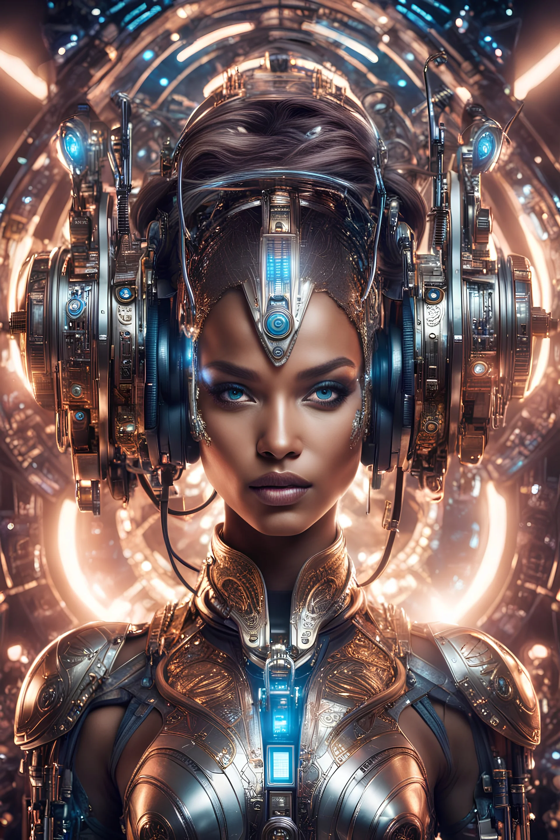 photography front view of super model beautiful woman as dj player,headphones ,dressing mech in transformative style, his metallic skin gleaming with intricate textures and intricate details, captured in an ultra-realistic style that blurs the lines between reality and imagination,cosmic spaceship background