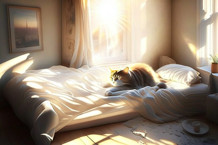 Lifelike cat-shaped bed with a cat lying on it in an elegant bedroom, bedside table, window, pictures on the walls in sunlight.