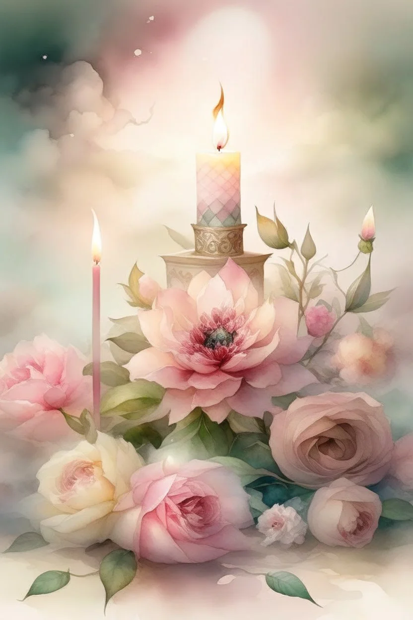 MAGIC A PYRAMID CANDLE IS BURNING AROUND WONDERFUL FLOWERS English watercolor, Smoky cream, pale gray, pale pink, pink background. bright light, a bouquet of roses on the table are pale pink, pale bordeaux, white, ochre. green stems, the light is translucent. Watercolor, fine ink drawing, peonies in an hourglass, elegant gold inlay, rich interior