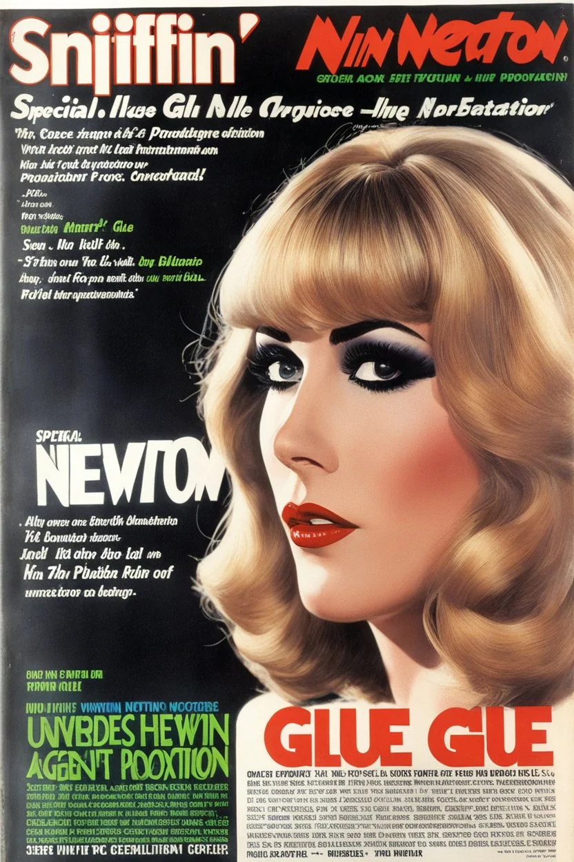 SNIFFIN’ GLUE magazine high res photo cover by Elmut Newton: special issue #42 (June 1969) on Undercover Police Forces, guest star: Gloria Hole in agent provocateur as she goes undercover to takedown a prostitution ring, [a lot of writing and table of content issues like indie magazines]