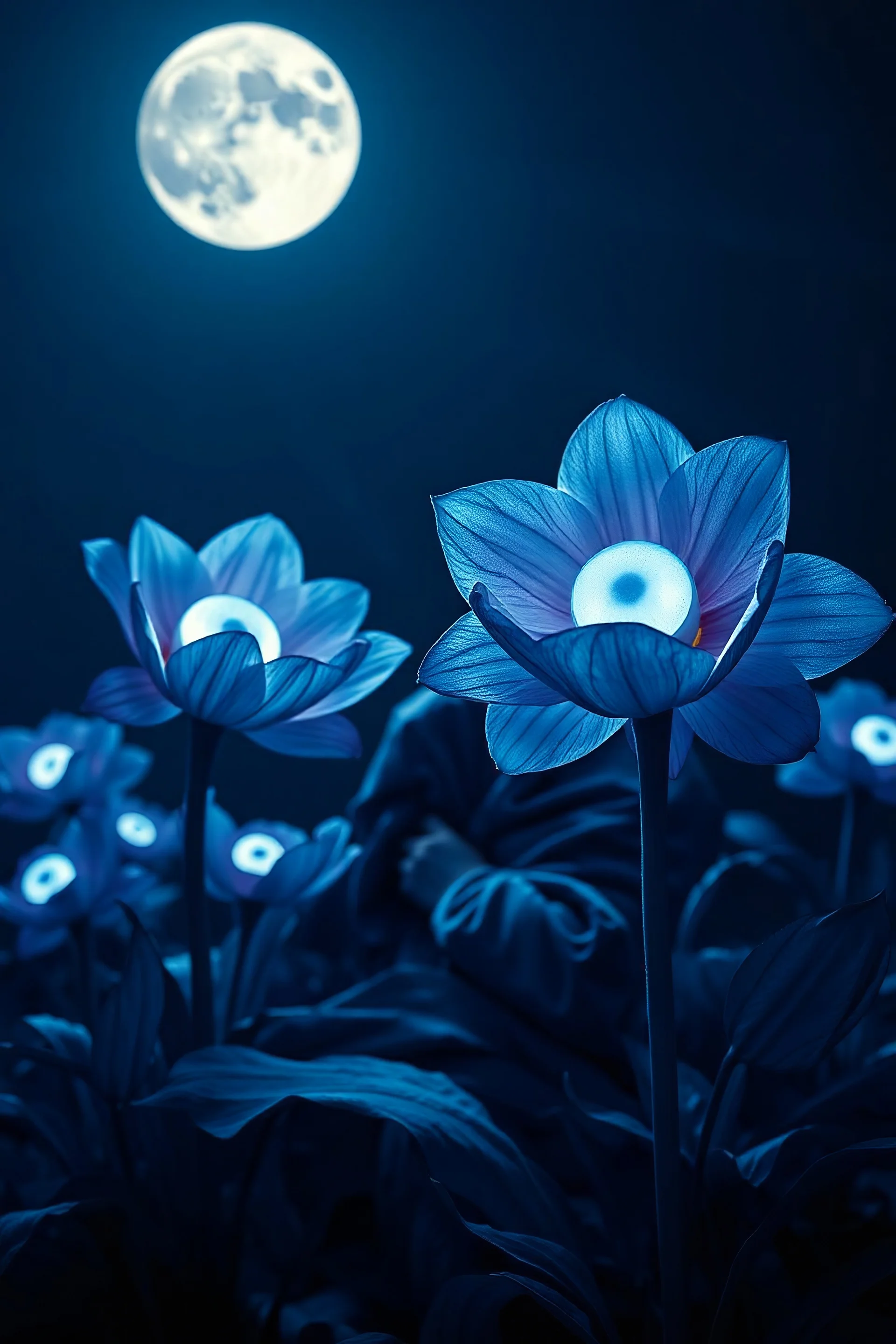 Fiori misteriosi che restano aperti nella notte, con grandi occhi luminosi al posto dei petali. La scena è immersa in un'atmosfera surreale, con una luna piena che illumina i una persona sveglia legata dalle coperte . Gli occhi sui fiori sembrano vivi, osservando l'oscurità con uno sguardo ipnotico. I colori sono onirici, con sfumature di blu, viola e argento che creano un'ambientazione magica e inquietante.