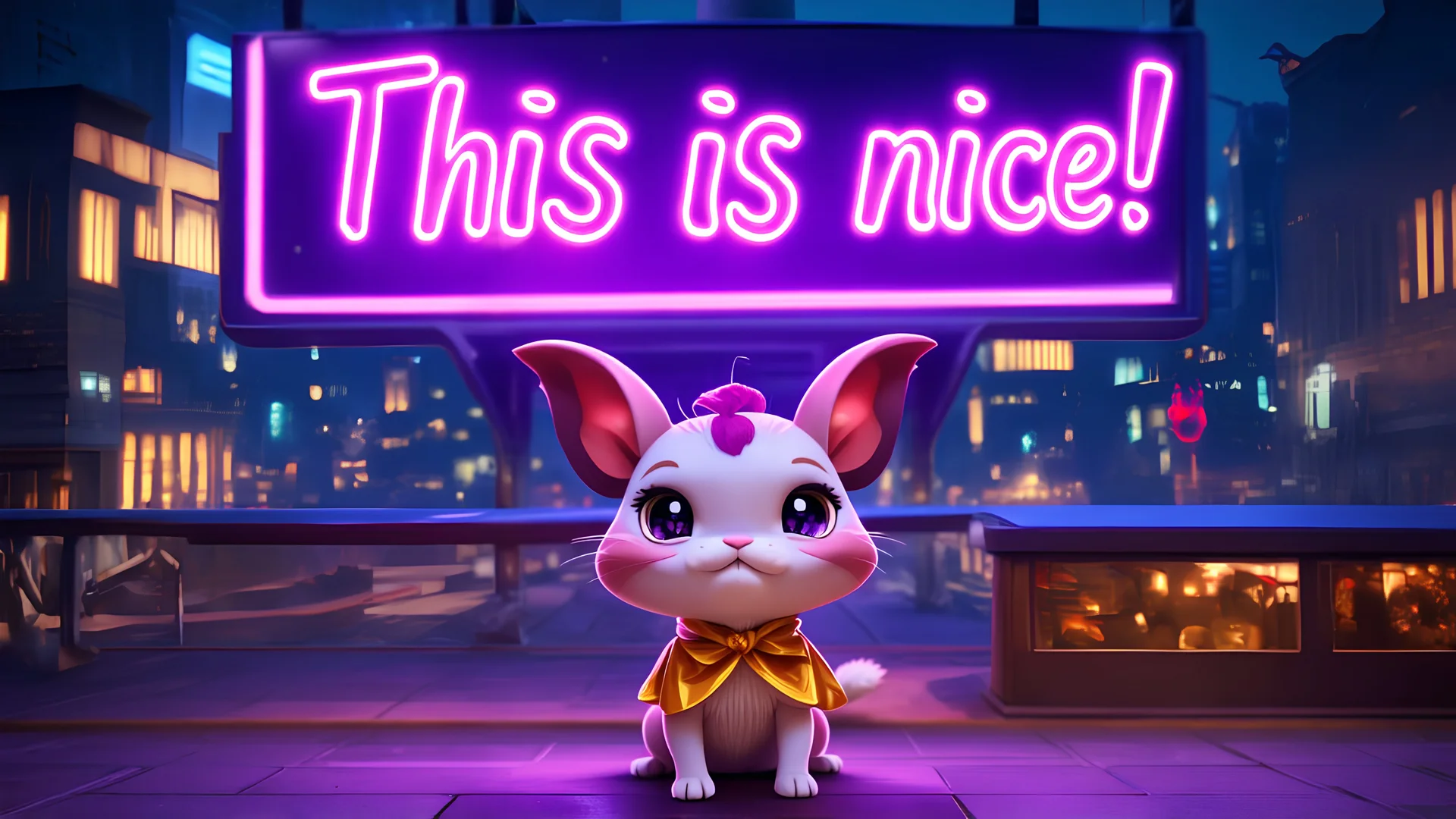 a cute magical creature in front of a big purple neon sign that says "This is nice!", cinematic, a city in the background