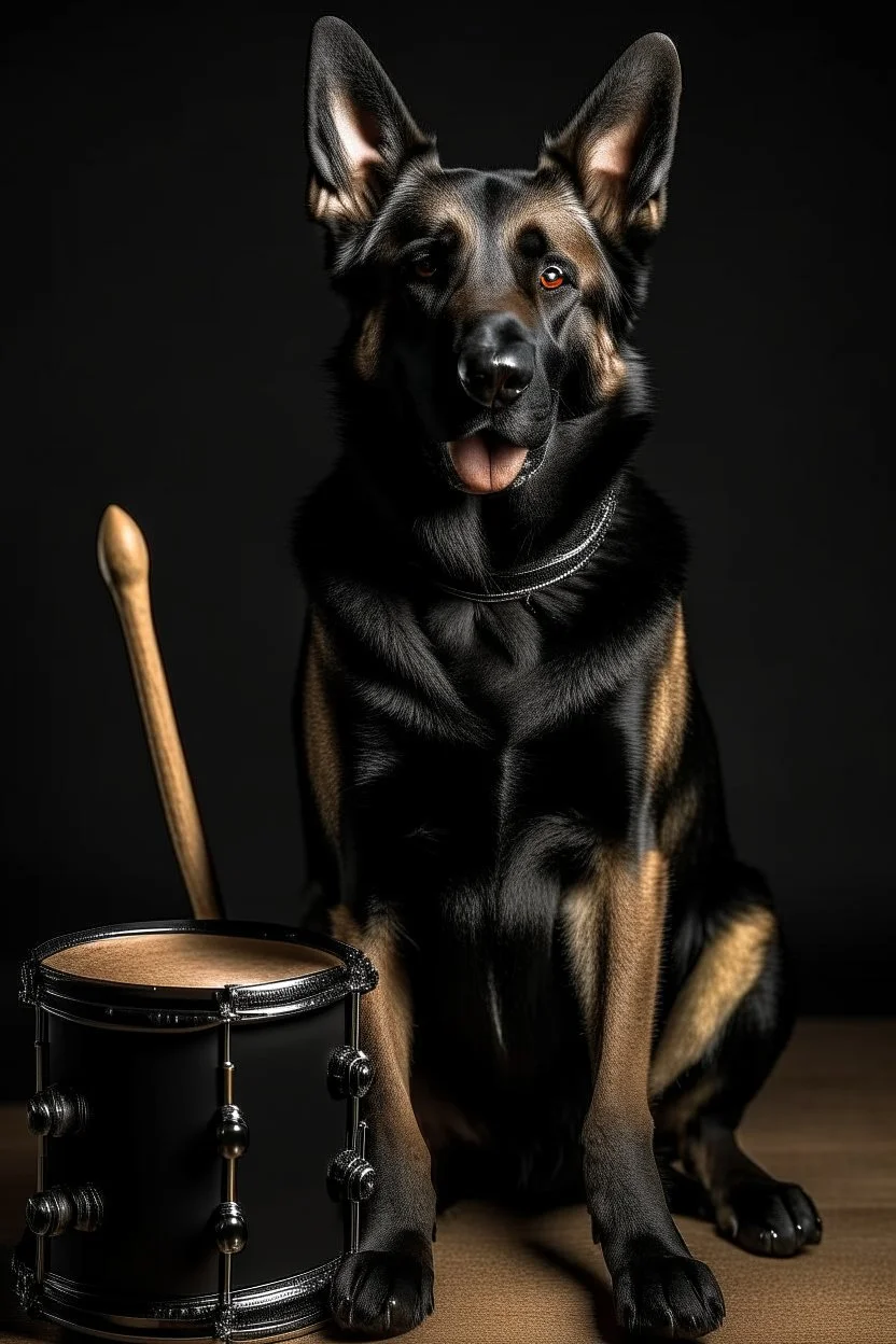 Portrait of a dark german shepherd dark skin male wearing a black clothes with full human body playing the drums with drums sticks in his hands