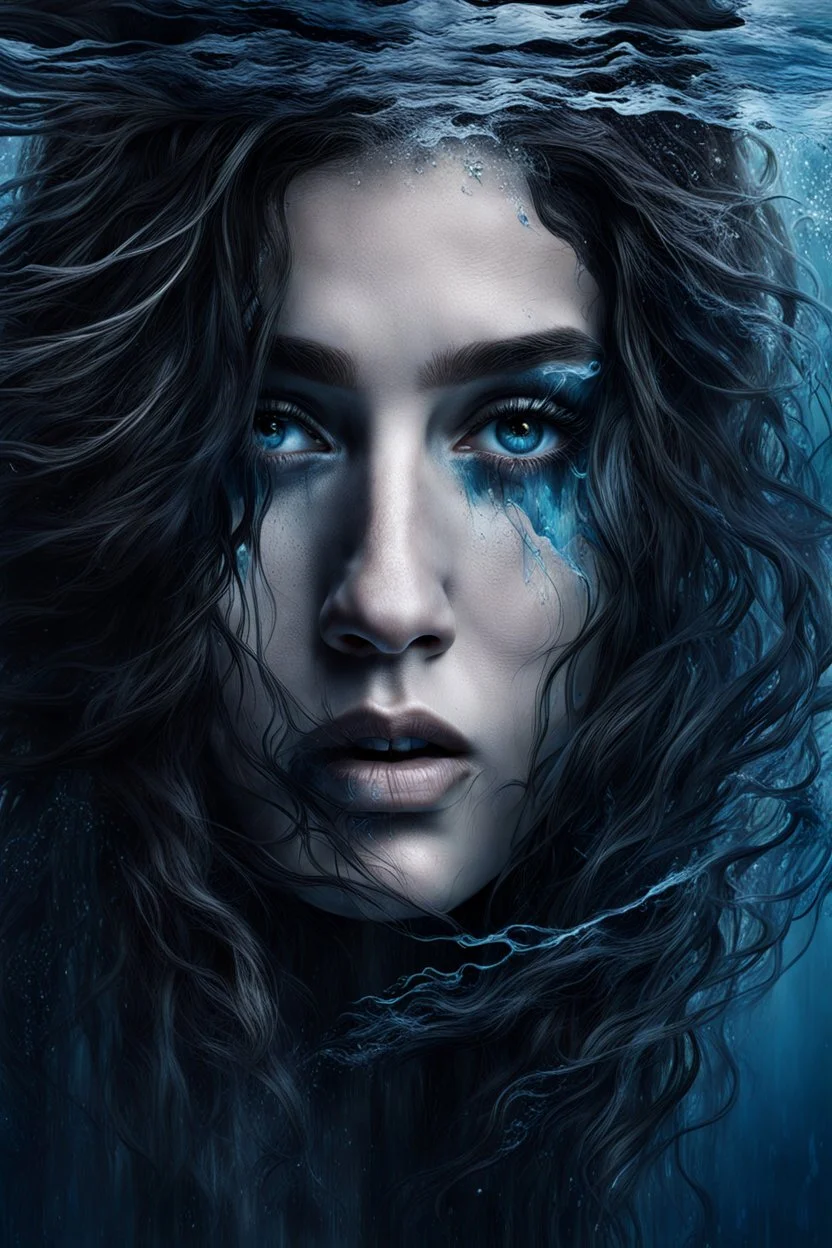 matte painting of a woman's face under of the water, close-up, sad, peaceful, beautiful, long messy hair, minimal colors, black, white, blue and silver, paint strokes, insanely detailed, detailed matte painting, deep colors, intricate detail, complementary colors, mystic, fog, shadows, dark mood, surreal style