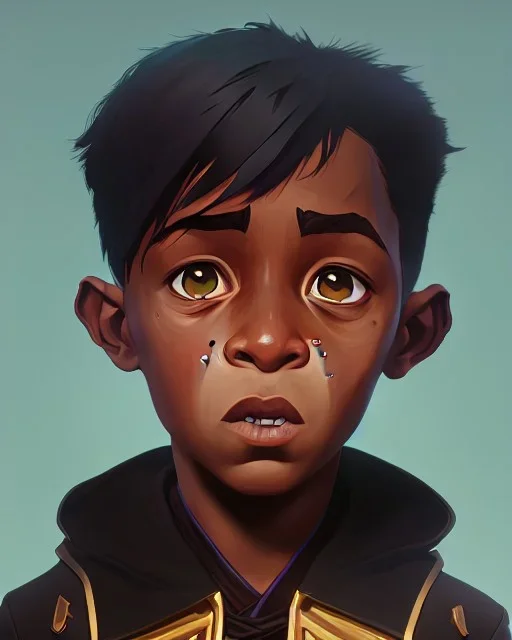 Portrait of a handsome black skinned toddler warlock boy with dark hair by Jim Kay