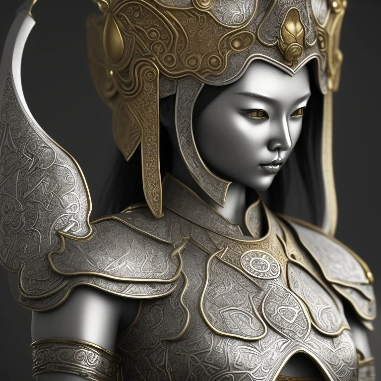 statue 3D japanese viking Girl silver, Thai pattern, Thai dress, detailed pattern, pattern, template, prototype, weaving gold 4k silver face wing golden eyes