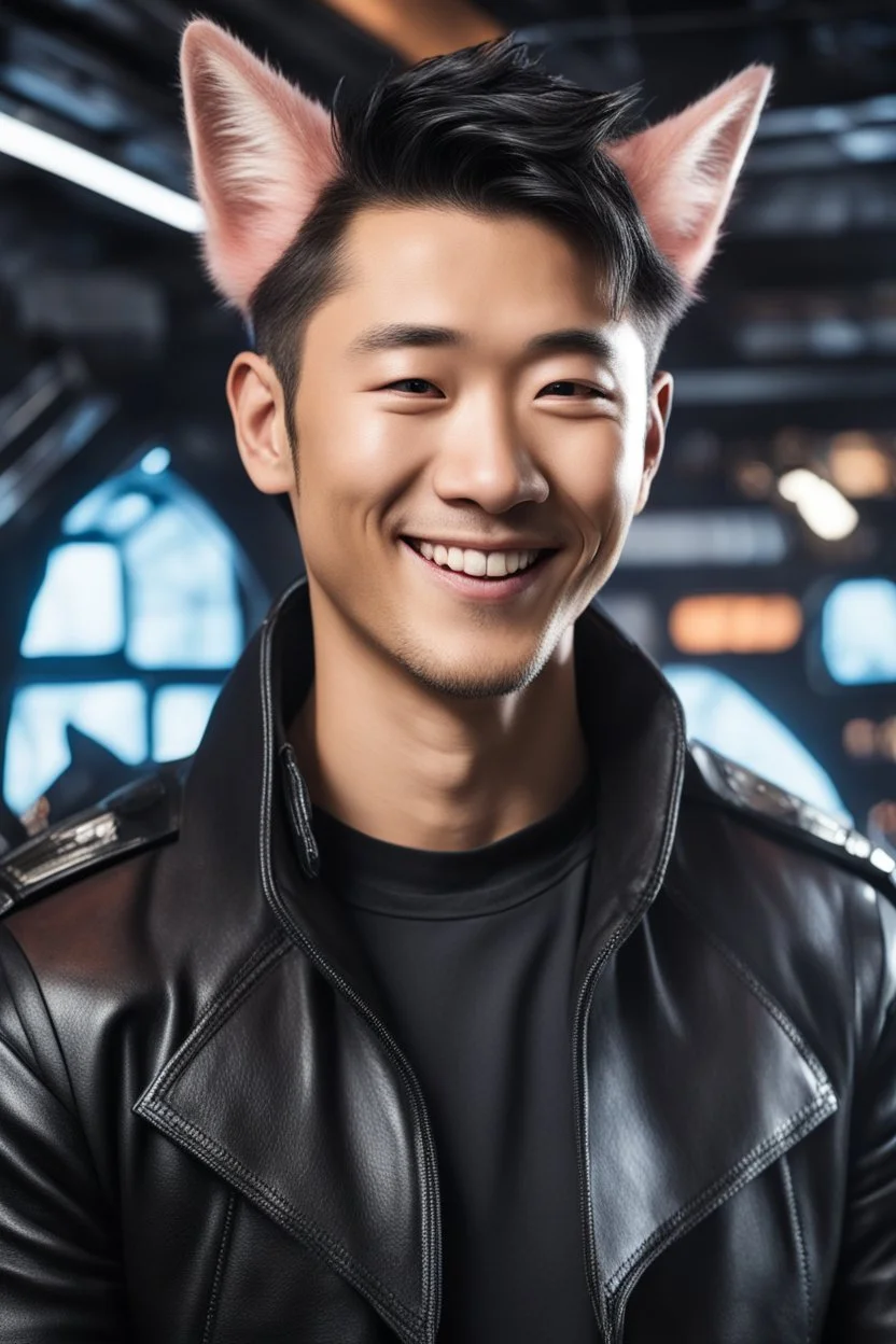 Smiling Male Half-Asian actor with cat ears in a leather jacket, on a spaceship deck