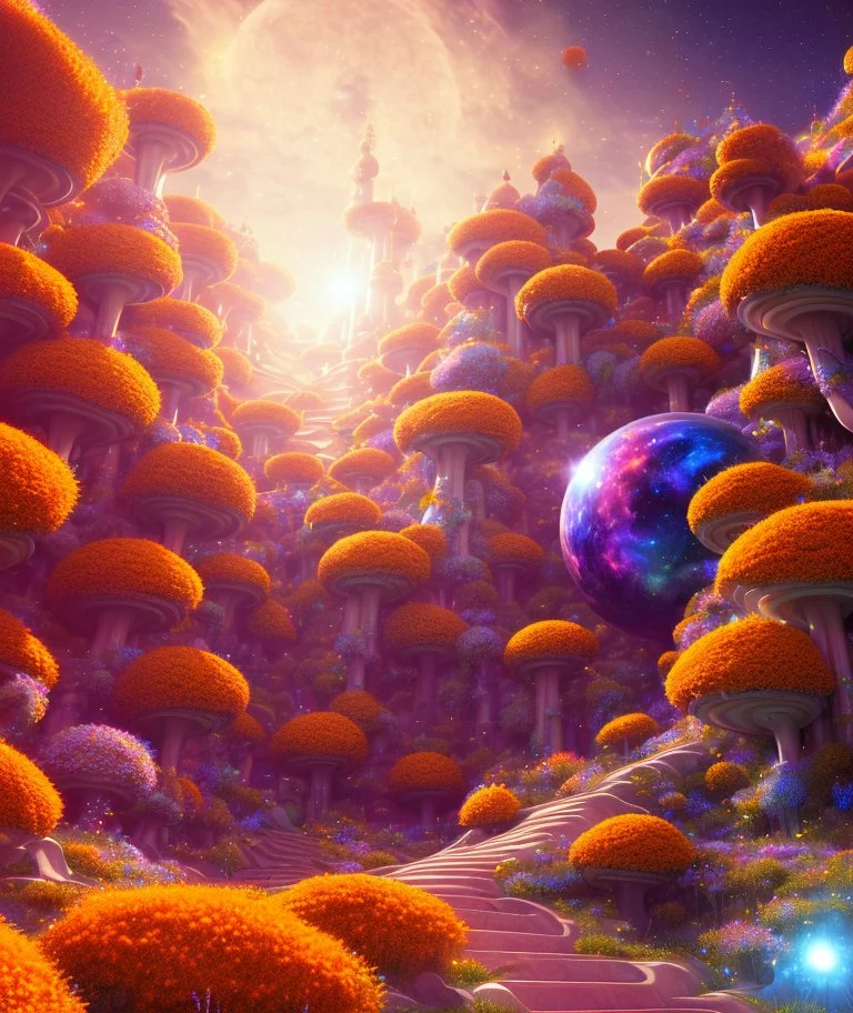 orange and gold crystal cosmic and galactic ambiance hill sky sunny flowers stairs trees futuristic landscape, full of details, smooth, bright sunshine，soft light atmosphere, light effect，vaporwave colorful, concept art, smooth, extremely sharp detail, finely tuned detail, ultra high definition, 8 k, unreal engine 5, ultra sharp focus