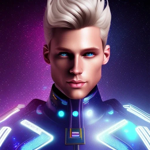 Handsome cosmic man, realistic, blond hair, blue eyes, tron glitter suit, blue lights, full of détails, stars in background, unreal engine 5