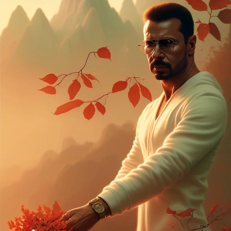 dwayne jhonson portrait , detailed hands, at dawn by atey ghailan, golden light , white robe, holding leaves and flowers , angels background, volumetric light, high detail, red leaf tree, mountains in background, perfect