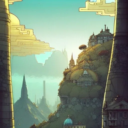 Skyline+city on inslands+Trainstation on cliff+Vignola classicism +palladio+detailed facades+uphill road+trees+ biopunk+Book illustration by Gediminas Pranckevičius, Jean Baptiste Monge, Brian Kesinger, Anton fadeev, Kilian Eng, strong lines, high contrast vibrant colors, highly detailed, 16k resolution, trending on behance