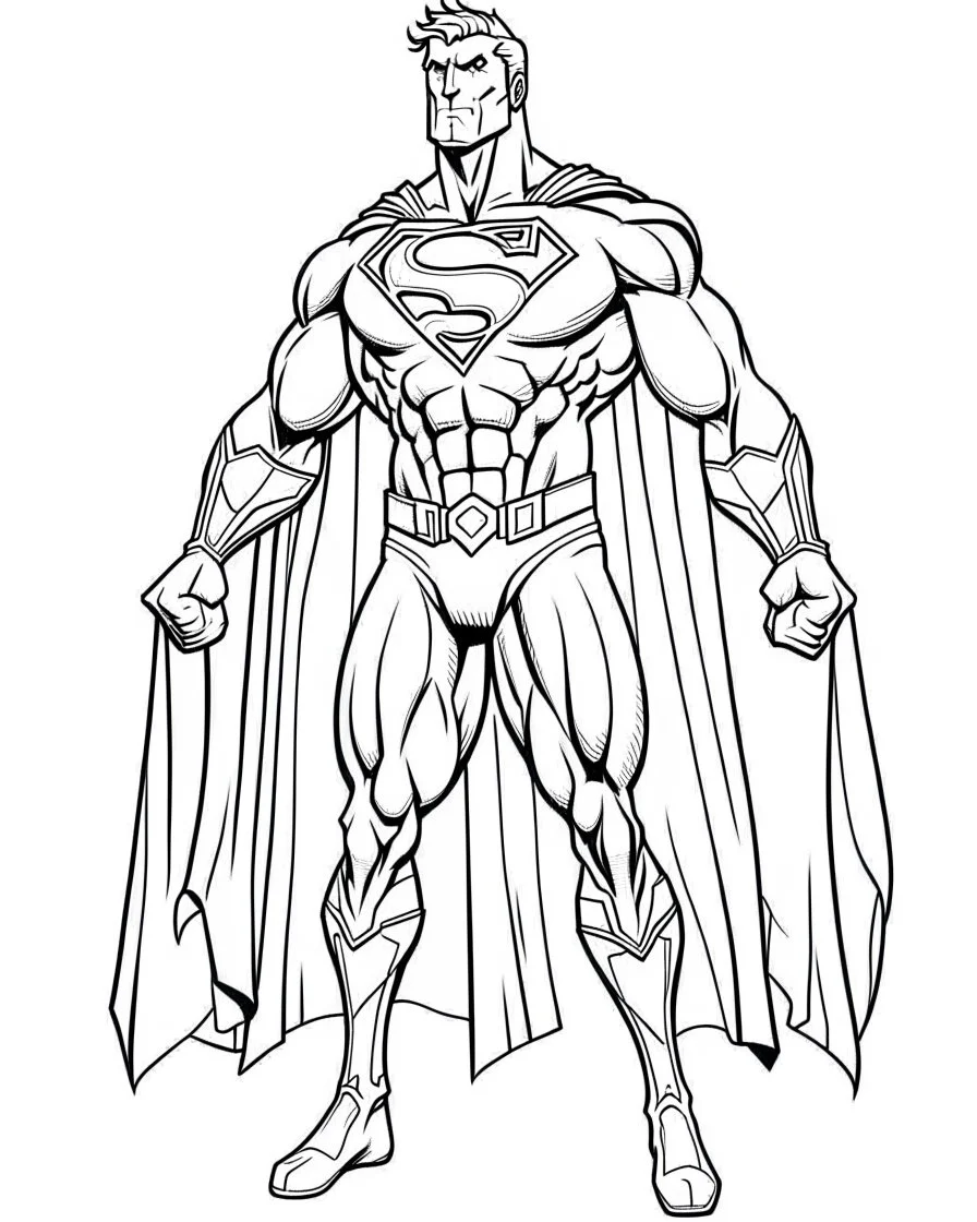 real massive Superman help, coloring page, no leaves, full body (((((white background))))), only use an outline., real style, line art, white color, clean line art, white background, Sketch style