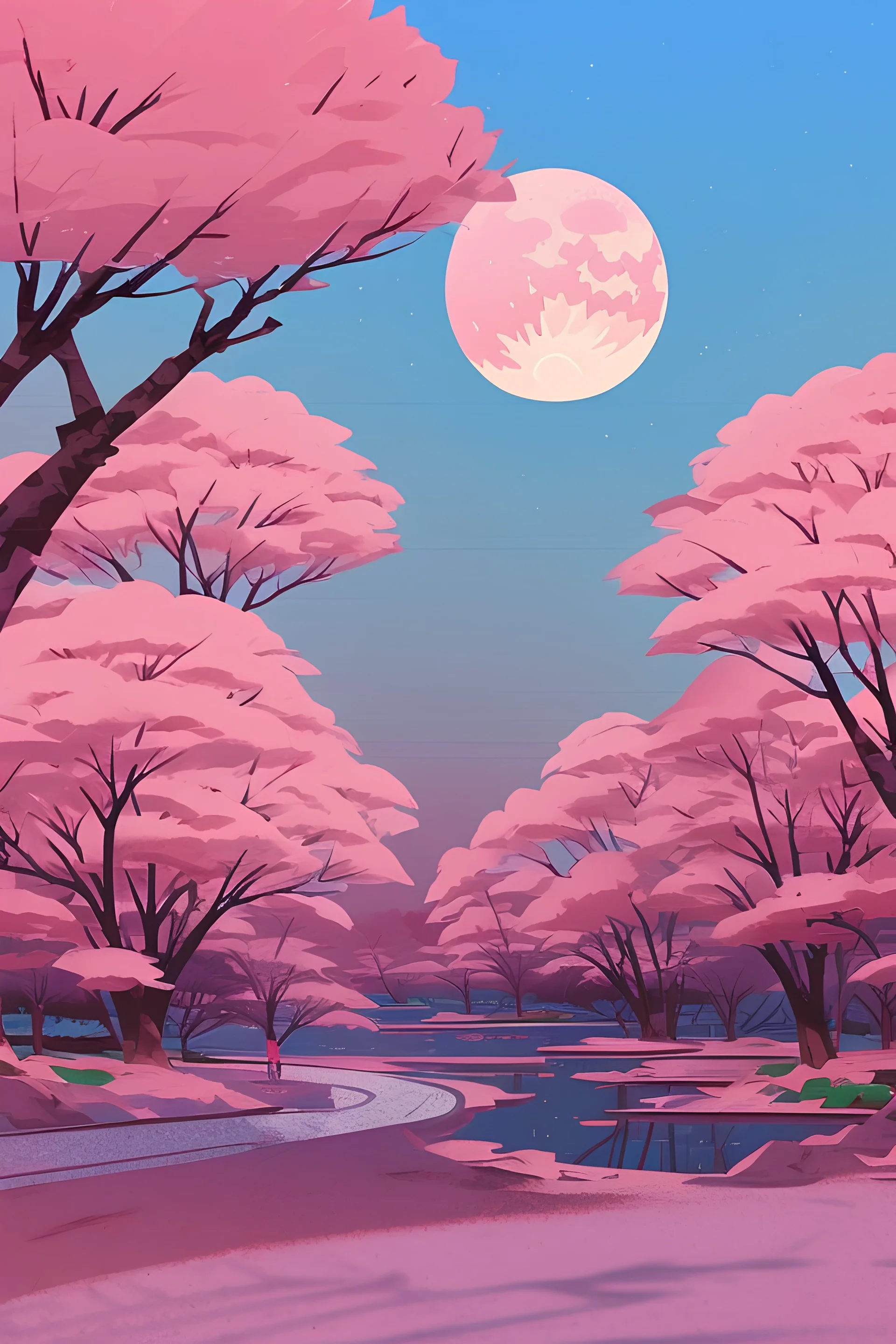 a land scape of Japanese garden, big moon, red sky in the night , surrounded by cherry blossom trees, cel shading