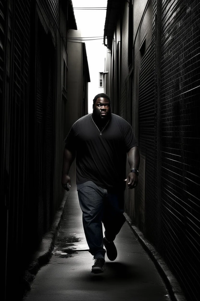 Tall big fat black man really far away running down a dark alleyway