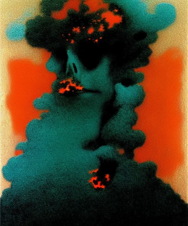 broken skull. black background. smoke and explode. particles in air. teal and orange. abstract. beksinski.