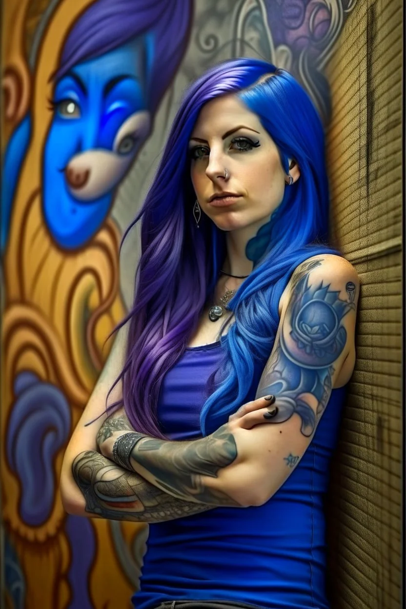 super cute woman, nice body, great body, big bubs, coquette look, long blue hair, little tatoos, pearcing, serious mode, wearing a purple mini dress, intrincate details. wall of grafitty art background.