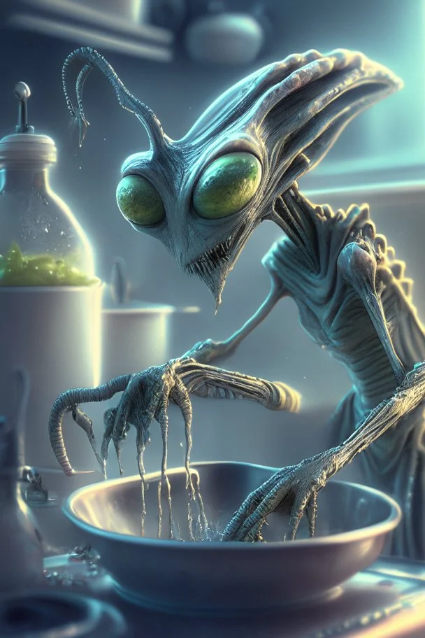 Alien doing the dishes ,highly detailed, artstation, sharp focus,4k