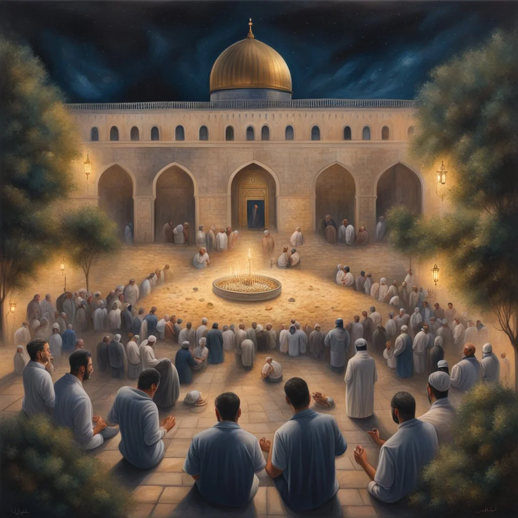 Hyper Realistic Painting of areal view of Palestinian men worshipping outside Al-Aqsa Mosque between a beautiful garden at night with celebration lights