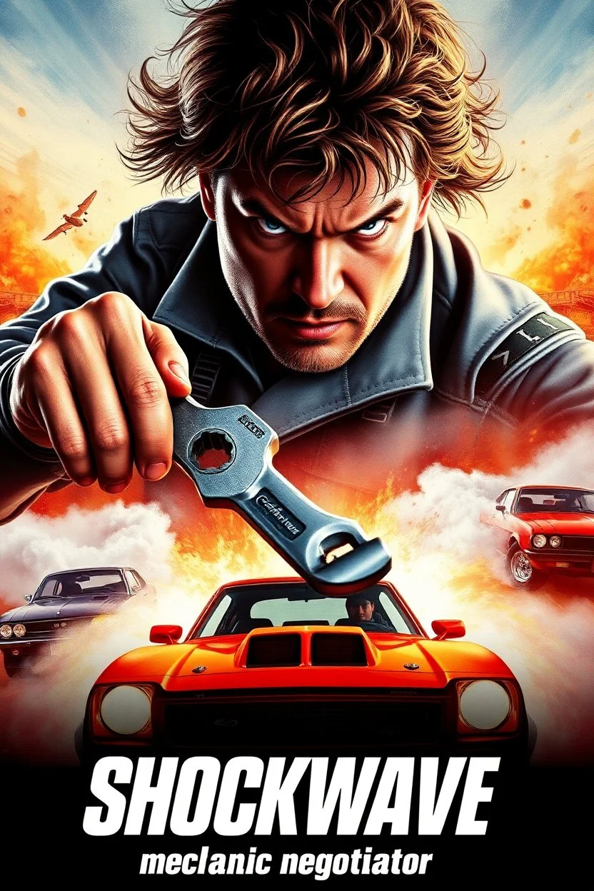 "Design a 90s-style action movie poster titled 'Shockwave Customs.' Feature a heroic mechanic in the foreground, fiercely battling thousands of adversaries with a spanner. In the background, show cars doing burnouts, creating a dynamic and intense scene. Capture the high-energy, gritty aesthetic of classic 90s action films. Prominently display the subtitle 'mechanic negotiator' in bold, impactful lettering."