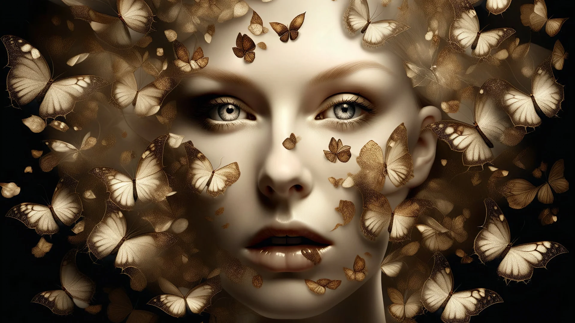 Surreal digital artwork featuring a close-up of a mature, pale-skinned human face. The face is expressionless, with neutral lips and striking golden eyes that stare directly at the viewer. Its most distinctive feature is the multitude of delicate white and brown butterflies with intricate wing patterns that create its hairstyle, creating a whimsical, dreamlike effect. The background is a soft gray to light blue gradient. The overall style is imaginative and artistic.