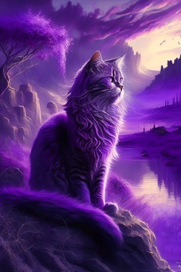 majestic cat, violet tones, fantasy landscape