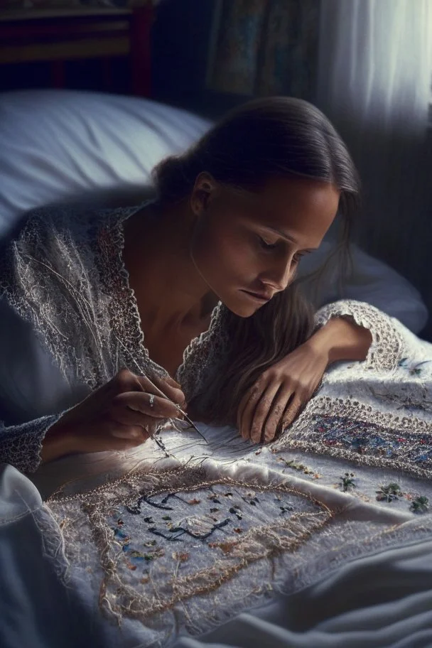 Hand sewn and embroidered Alicia Vikander, threads, sewing needles on a table on lace blanket in a luxury bedroom