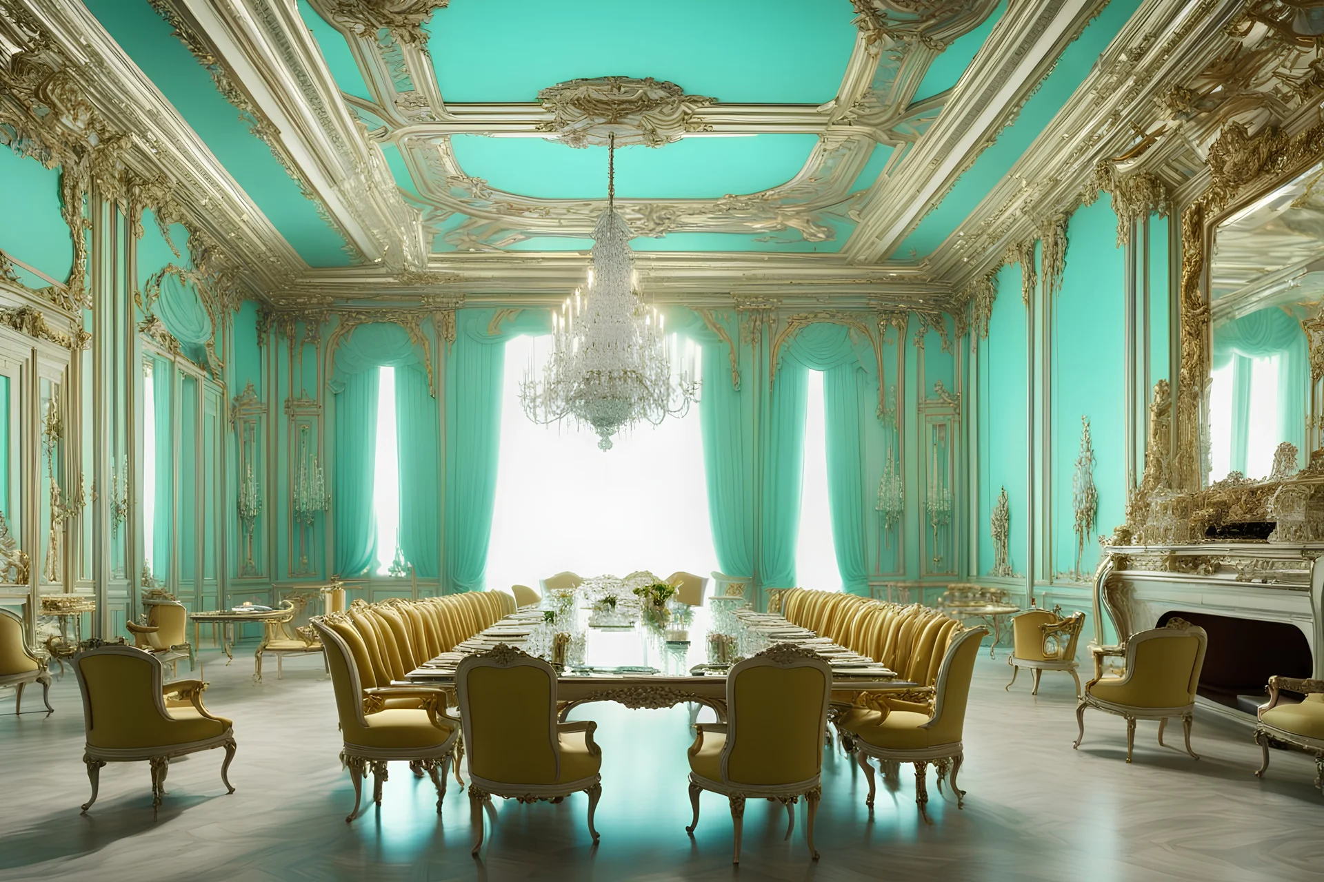 a large modern reception room with people around a large banquet table. Rich people sit at the table, eating from expensive, shiny dishes. in a bright room in Tiffany colors and in the Baroque high-tech Hermitage style. The walls are Tiffany-colored, there are huge LCD panels hanging on the walls. modern technological innovation 4k hyper detail