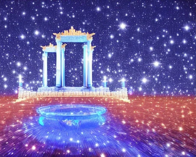 sparkling lights in a blue cosmic background full of bright starts with an transparent etheric ancient temple in the space