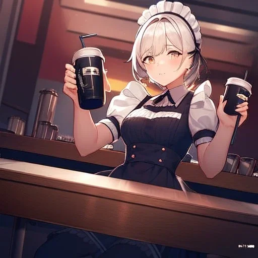 anime waitress taking her break at booth inside a New York diner with two identical coffee cups placed in front oh her on the table, two cups