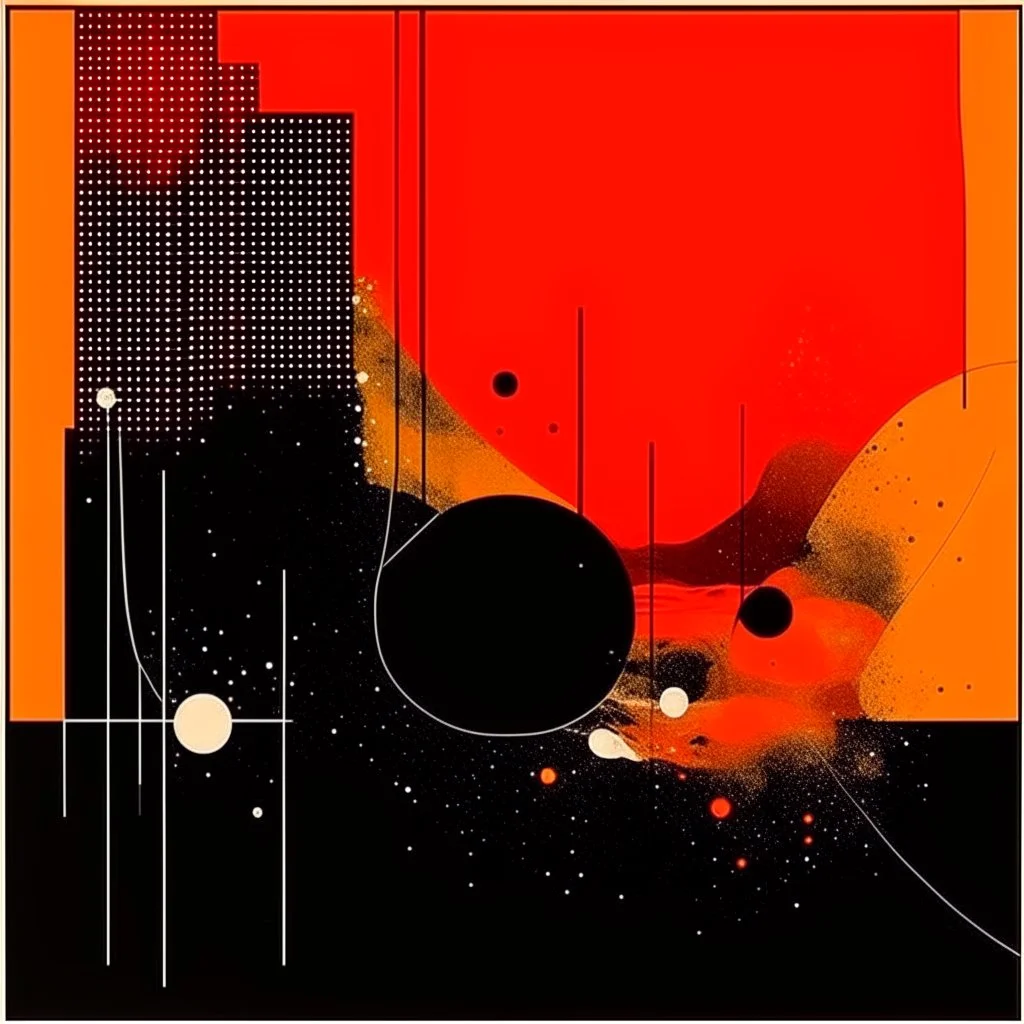 diffused cosmic conspiracies, abstract art, pinpoint dark light clusters, by Graham Sutherland and Victor Pasmore, silkscreened mind-bending illustration, asymmetric, cigarette burn textures, warm orange and black colors