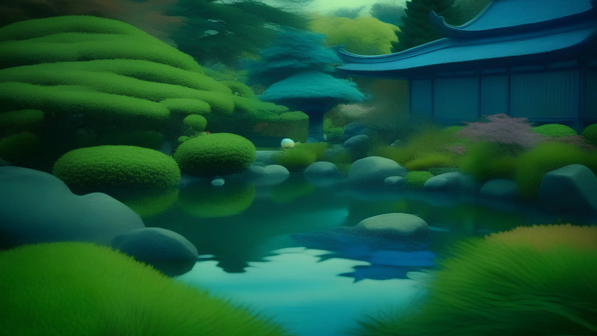 Contemplative and Japanese realist photo of a garden with a lake. Shapes have a small blur and colors are electric blue, electric green and electric grey.