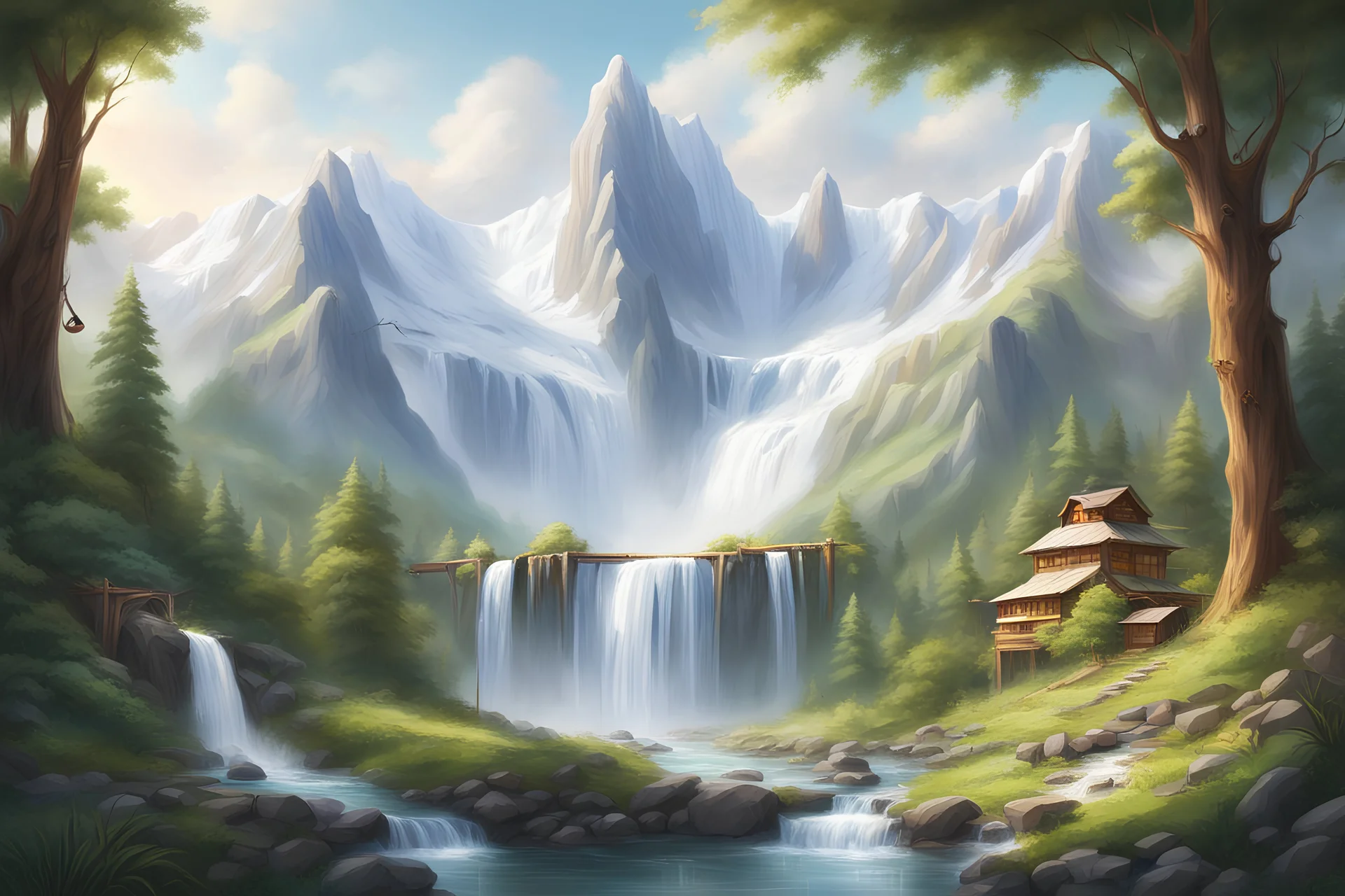 Illustrate a breathtaking landscape featuring towering snow-capped mountains, lush green valleys, and cascading waterfalls.