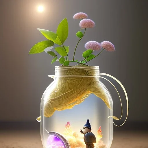 A studio ghibli characters in a jar floating, super high resolution, professional photograph, in focus, beautiful detail, professional digital art, stunning 4k, volumetric light, Award-winning photograph, photography, tokio background