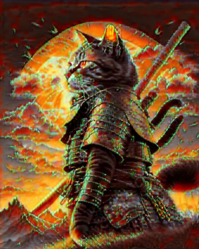 Gato Samurai cuerpo completo arte vectores hiperdetallado colores contrastantes cinematográfico cielo soleado 8k