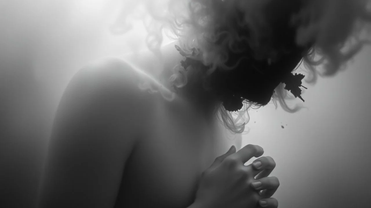 surreal vibe, grayscale, black and white, a caracter dissolving into shadows and fog, body torn into shards of light and darkness. A haunting, dreamlike composition that captures isolation, inner demons, struggle of anxiety. surreal, fog, shadows, atmospheric