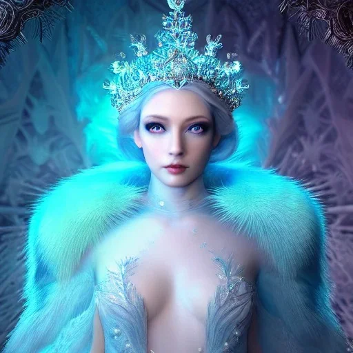 the most incredible, stunning, beautiful ice queen goddess, intricate crystal ice crown, detailed fur on shoulders, iridescent snow gown, 8k resolution, high-quality, fine-detail, elaborate, digital art, detailed matte, volumetric lighting, beautiful, illustration, 3D octane render, brian froud, howard lyon, selina french, anna dittmann, annie stokes, lisa parker, greg rutowski,