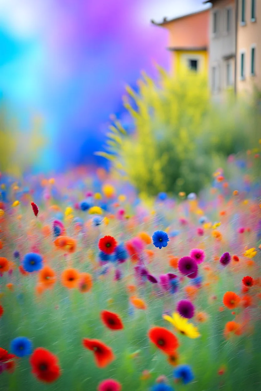 A field of colorful flower, the return to innocence, abstract, weird, childlike, chaos80, colors splash, Italian village