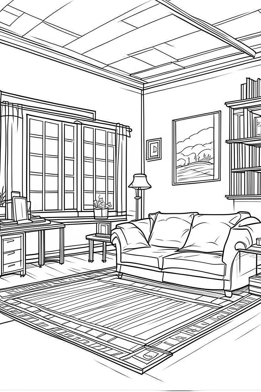 Outline art, simpl House interior design, sofa chair, cartoon style, thick lines, low details, --ar 9:11